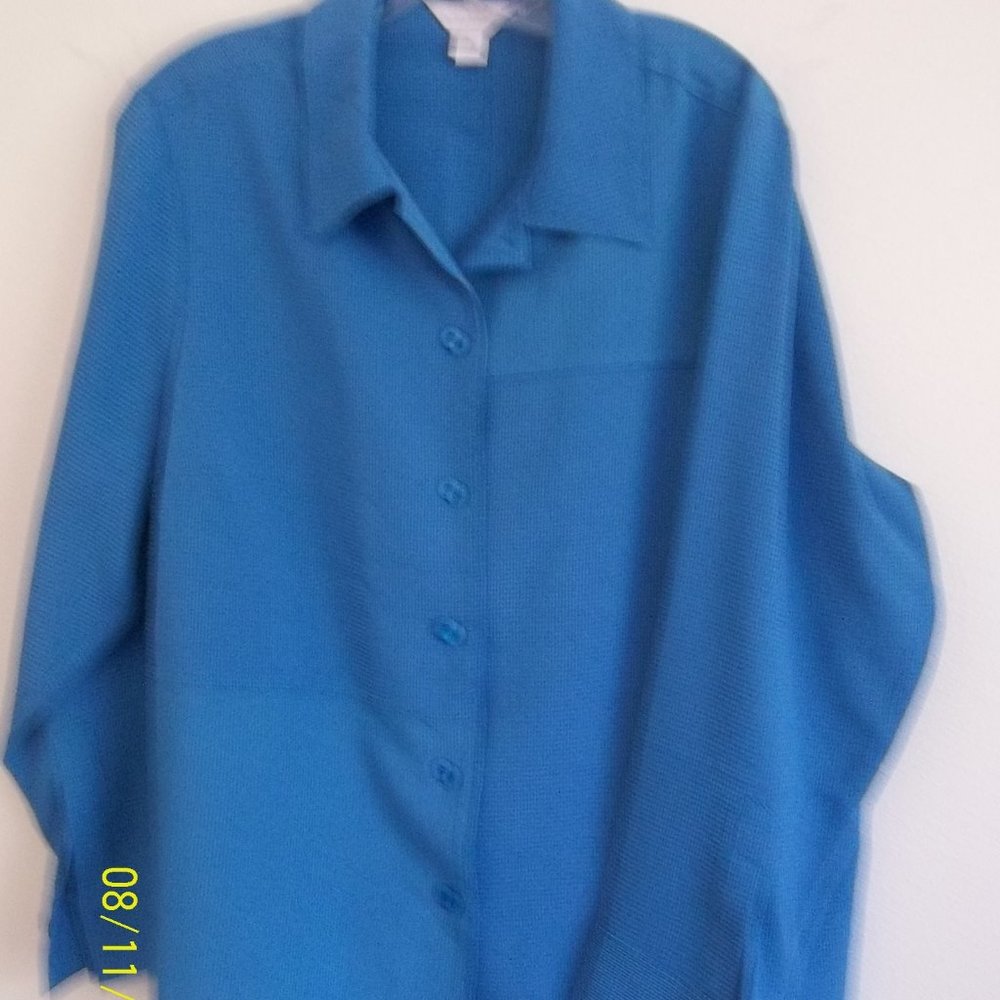 CJ Banks Long Sleeve Aqua Woman's Button Down Shirt Size 1X
